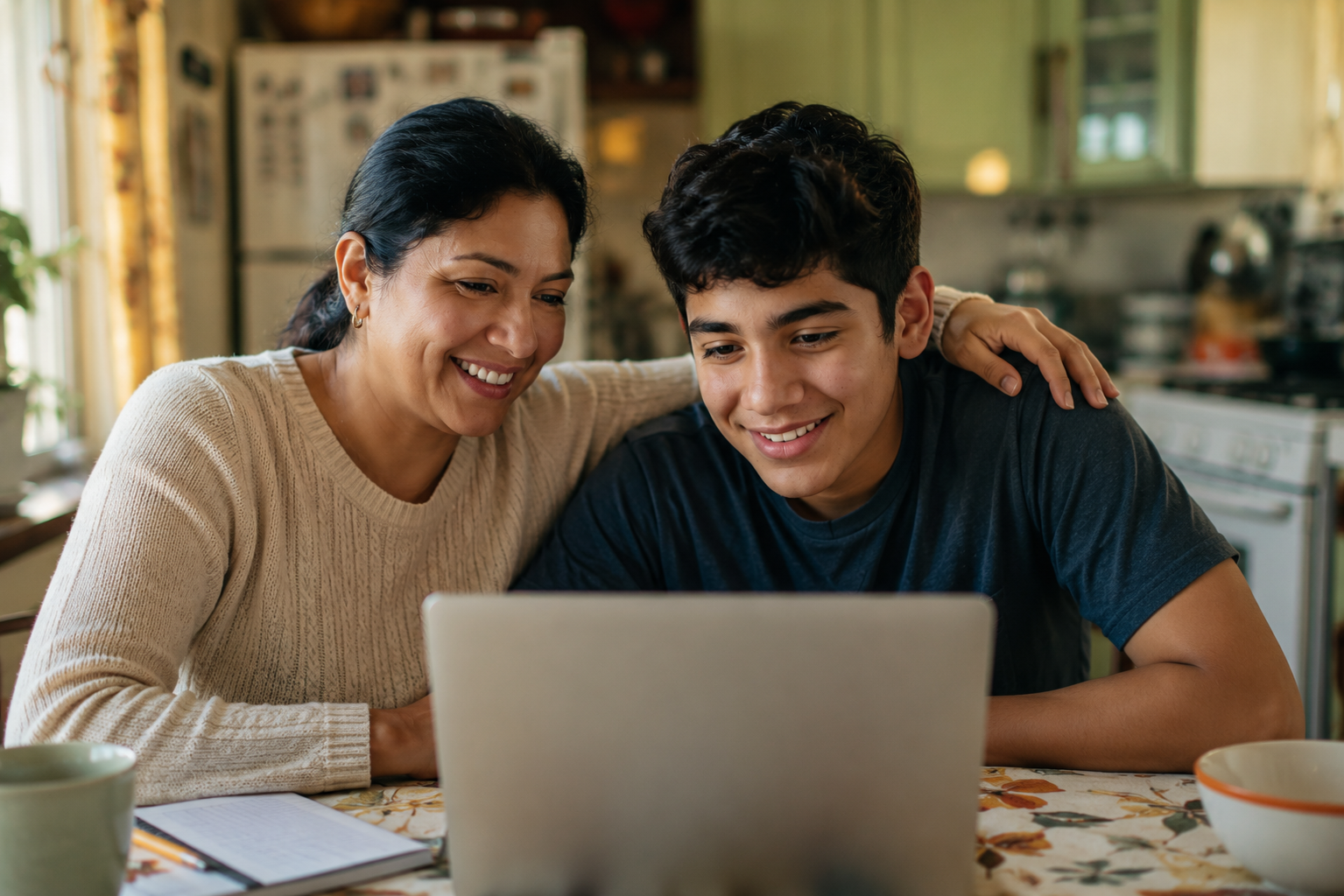 A mother and her teenage son smiling together at a laptop in their kitchen