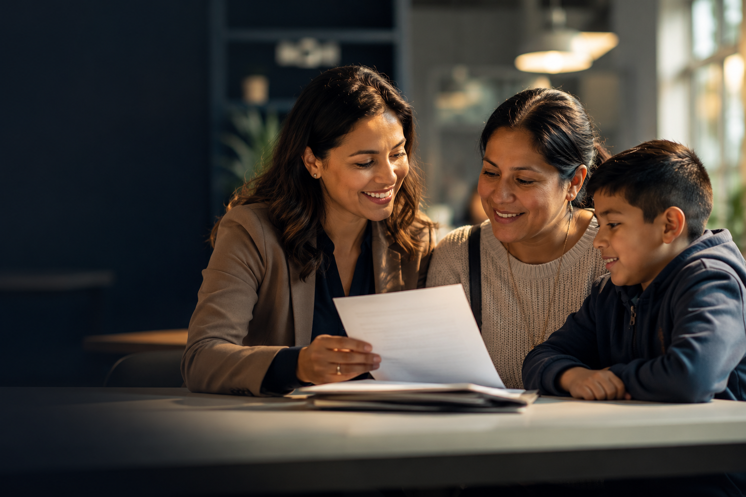 A LaunchPad volunteer helping an immigrant family review school documents together
